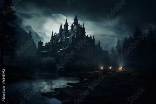 Haunted castle shrouded in darkness. Halloween holiday background