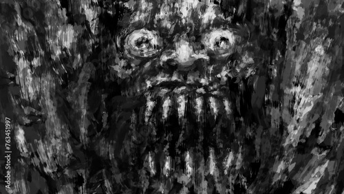Hellish storm of monsters. Scary grunge illustration. Angry devil head. Black and white background. Brush strokes. Frightening picture. Abstraction dark backdrop. Spooky visions of hell.