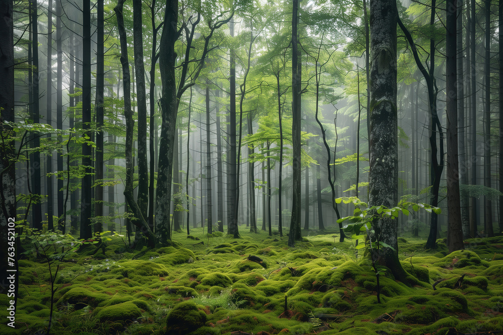 Fototapeta premium panoramic of a dense forest with a misty atmosphere 