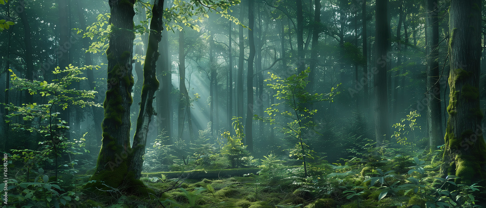 Fototapeta premium panoramic of a dense forest with a misty atmosphere