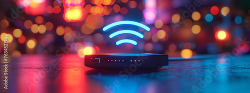 Illuminated WiFi Router with Vibrant Bokeh Lights Background