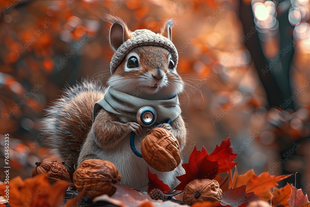A cartoon illustration of a squirrel wearing a stethoscope like a scarf, perched on a stack of giant acorns. Representing friendship, unity, and the connection between all living beings in the forest.