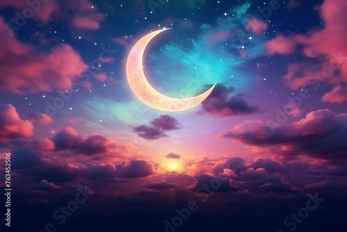 Islamic crescent moon on vibrant sky design