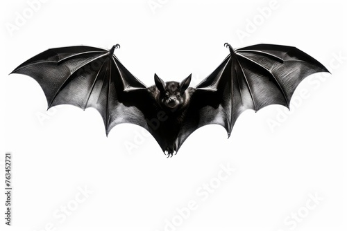 Menacing black bat in flight on a white background.