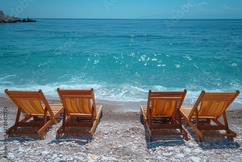 Two wooden beach chairs face the tranquil blue sea, inviting relaxation on a pebble-covered shore with clear skies above