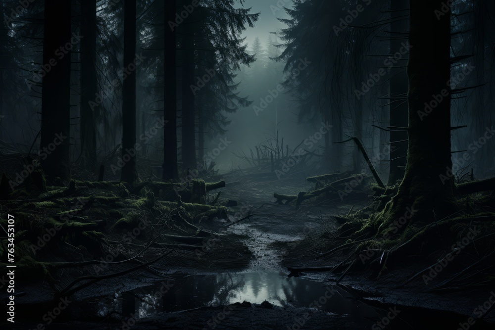 Mysterious forest at dusk illustrating the atmosphere of eerie and lurking fears