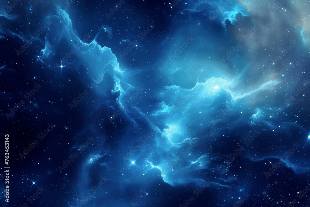 Electric blue cosmic clouds interwoven in a star-filled night sky, symbolizing the dynamic and ever-expanding universe