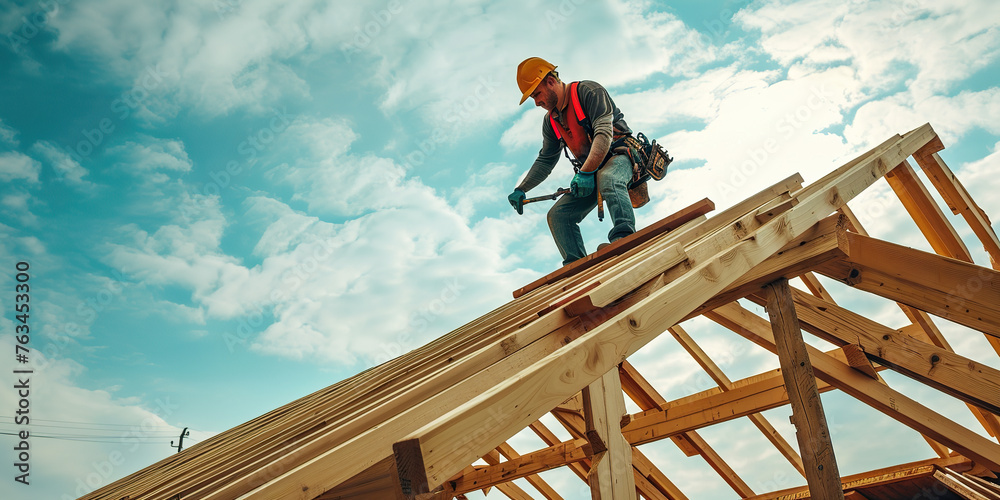 worker roofer builder working on roof structure worker roofer builder working on roof structure