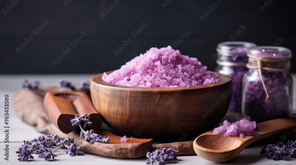 Lavender bath salt in wooden bowl on concrete with copy space, spa relaxation concept