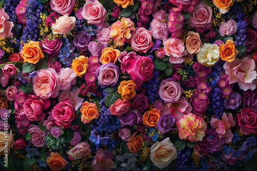 wall of roses and other flowers, bright pink, purple, yellow, blue, green, pink, red, full wall