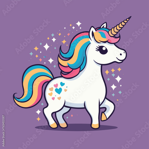 A whimsical cartoon unicorn with a rainbow mane and heart-shaped markings stands against a vibrant purple background, surrounded by sparkling stars.