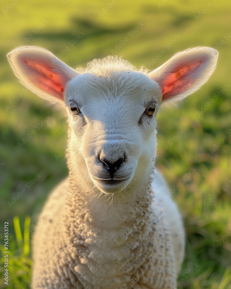 white lamb in the grass, in a closeup, with a blurred background of green meadows