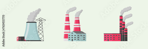 Set of industrial manufactories construction icons. Plants for the production of oil and gas, metals and rubber, energy and energy. Destruction of nature. Collection of environmentally friendly factor