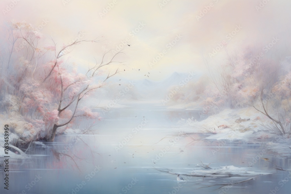 Soft pastel tones merging in a dreamy abstract winter scene, creating a sense of enchantment