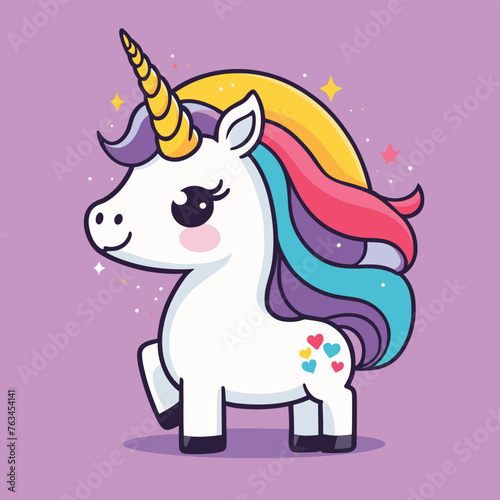 A cute cartoon unicorn with a colorful mane stands against a purple background, exuding charm and magic with its sparkling presence.