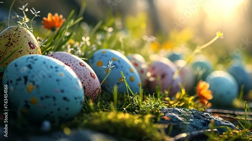 The magic of Easter with colorful eggs nestled in the grass