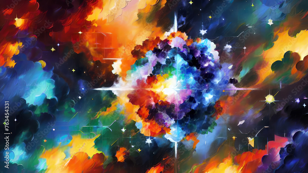 Vibrant space background with atomic structure blue, orange, green and purple colors dynamic composition for modern art and interior design.Generative AI Vibrant space background with atomic structure blue, orange, green and purple colors dynamic composition for modern art and interior design.Generative AI