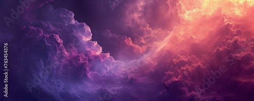 A surreal skyscape with towering clouds in shades of purple and pink, evoking a sense of wonder as if viewing an otherworldly nebula