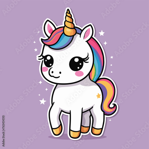 Adorable cartoon unicorn with multicolored mane on a purple background, surrounded by twinkling stars.