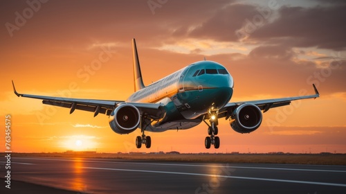 Commercial jetliner taking off at sunset or dawn with landing gear down on blurred background