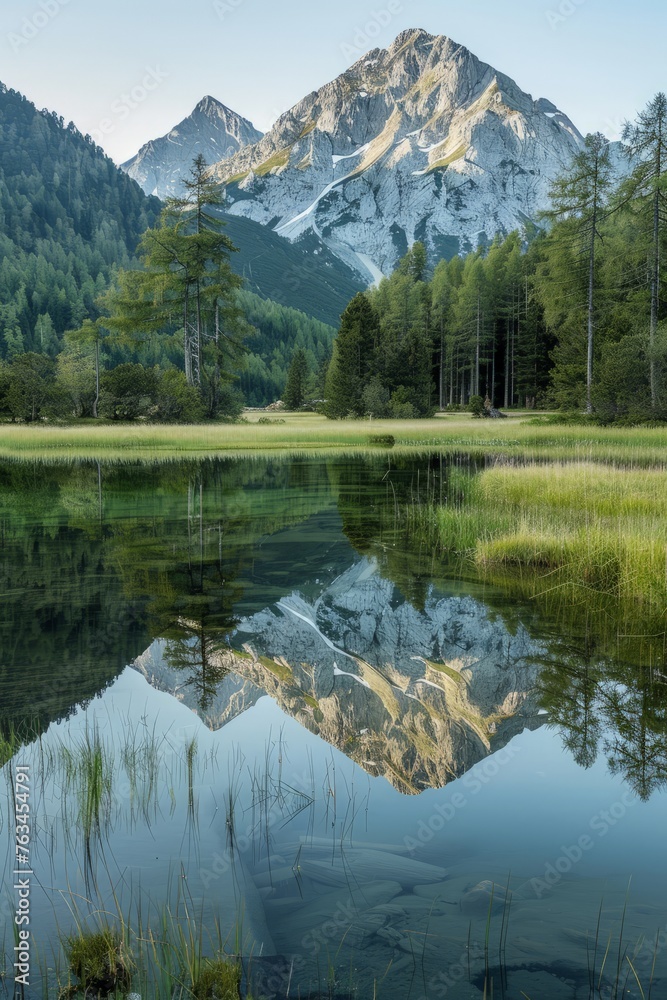 A mountain range is mirrored in the calm waters of a lake, creating a stunning natural reflection