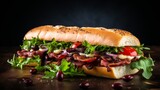 Savory italian style submarine sandwich on blurred white kitchen background with copy space