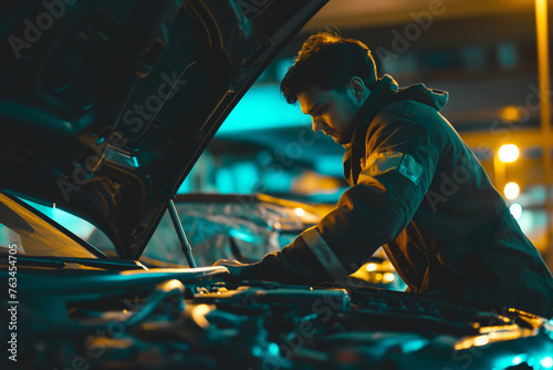 Concentrated young man inspecting car engine during nighttime with ambient lighting