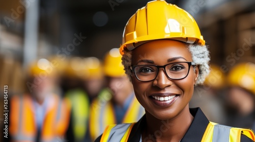 Middle aged black woman smirking on construction site in hard hat and work vest photo