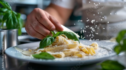 Wallpaper Mural Featuring Copy Space for Text on the Right, an Expert Chef in a Professional Kitchen Garnishing a Plate of Handmade Pasta with Fresh Basil and Parmesan, Under Flawless Lighting. Torontodigital.ca