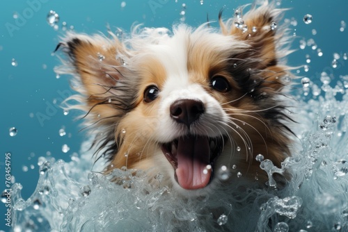 Cute puppy bathing with shampoo and bubbles, pet shop and grooming salon banner © Evgeny