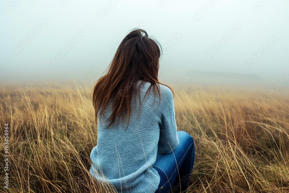 Woman sitting in tall dry grass overlooking foggy landscape Woman sitting in tall dry grass overlooking foggy landscape