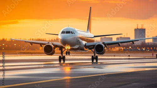 Jetliner taking off with landing gear down at sunrise or sunset, blurred runway background © Georgi