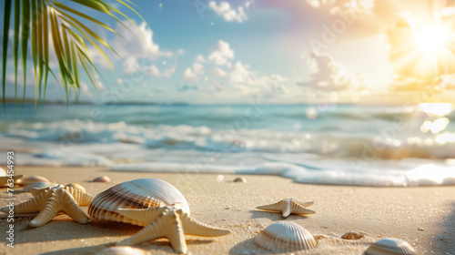 Seashells and palm leaf on sandy beach. Summer vacation concept