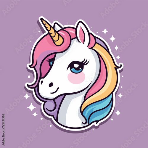 Colorful unicorn illustration with pink mane, rainbow highlights, and stars on a purple background, evoking a magical and whimsical aura.