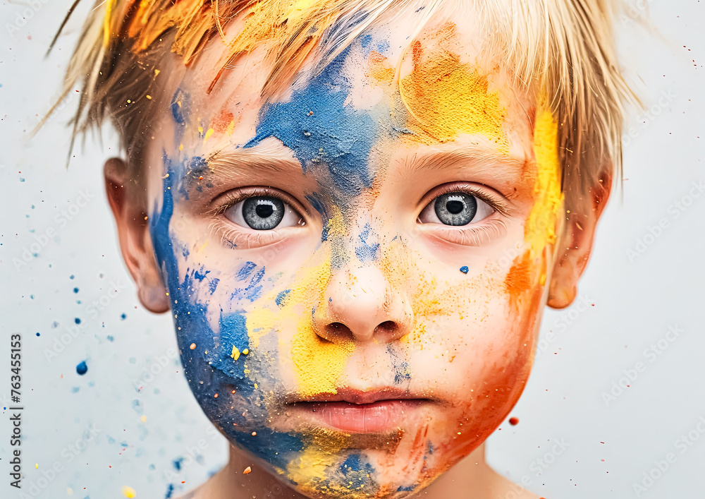 A young boy with blue, yellow, and red face paint. He has a serious expression on his face