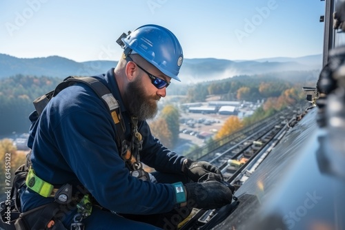 Engineer maintaining solar panels on rooftop, installing solar energy system, clean energy concept