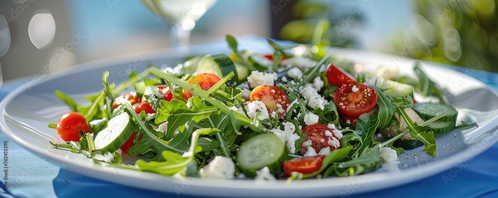 freshly prepared salad with mixed greens, cherry tomatoes, cucumbers, and feta cheese