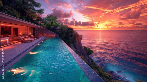 Stunning View from Luxurious Villa Overlooking Breathtaking Ocean Sunset © Sandris