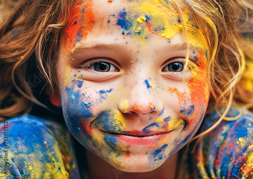A young girl with colorful face paint is smiling. The colors on her face are blue, yellow, and red