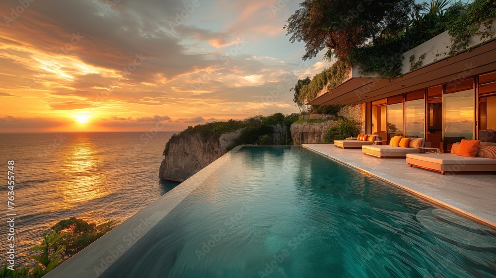 Sunset View from a Luxurious Oceanfront Villa with Infinity Pool.