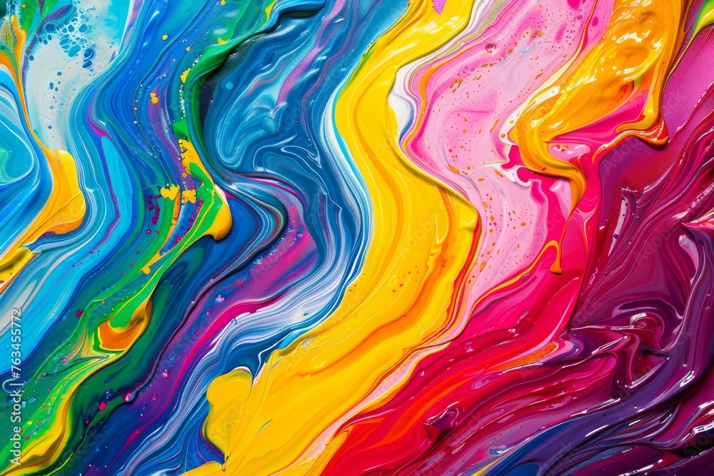 Abstract marbled acrylic paint ink painted waves painting texture colorful background banner - Bold colors, rainbow color swirls wave