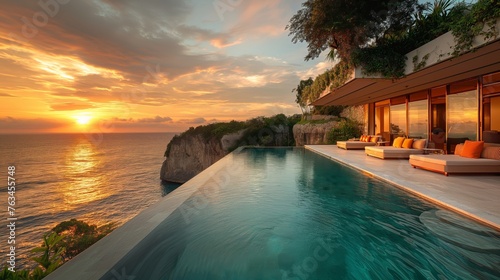 Sunset View from a Luxurious Oceanfront Villa with Infinity Pool.