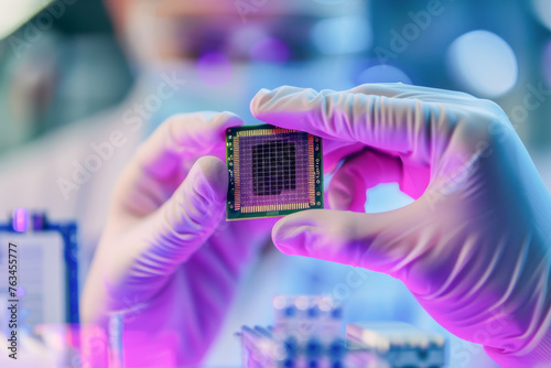 A scientist wearing latex gloves inspects a semiconductor chip, showcasing expertise and precision in technology research.