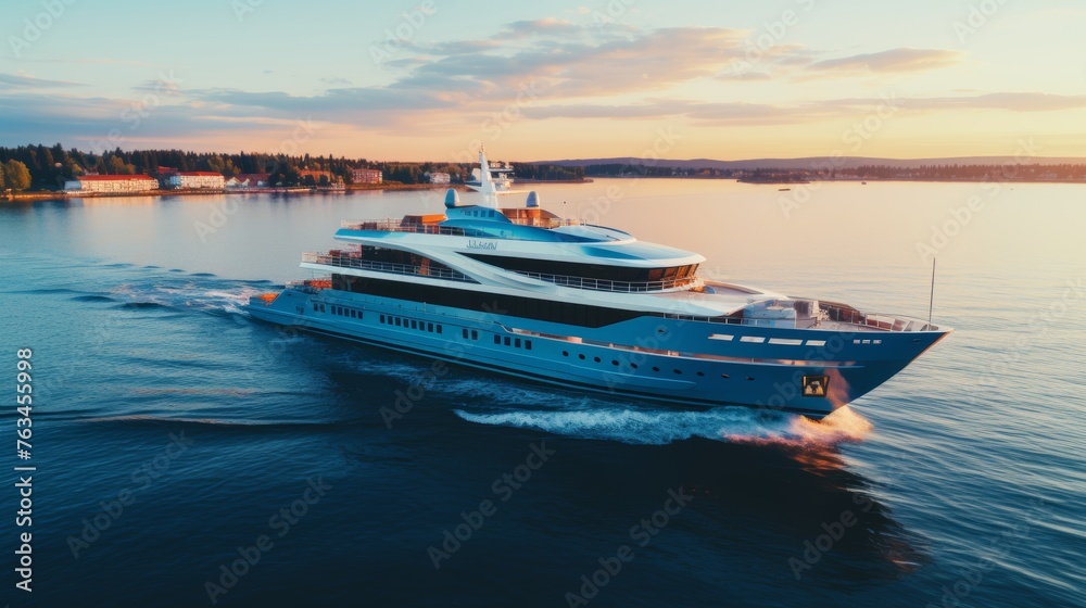 Luxury mediterranean cruise ship at sunset, premium liner aerial view, vacation getaway