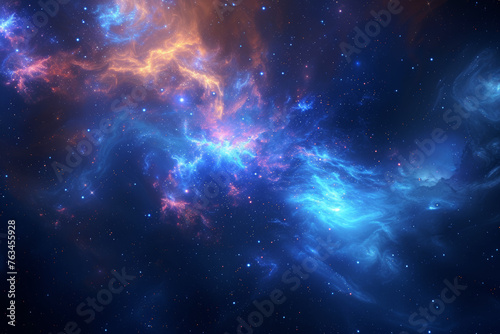 A breathtaking cosmic scene with a fiery blend of orange and a cool wave of blue, depicting a nebulous star-forming region of space