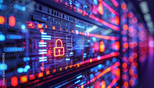 Secure data encryption process, glowing screens, close-up perspective