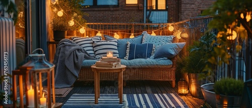 Twilight serenity on a lush balcony with blue cushioned wicker sofa and warm candlelight ambiance
