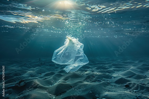 a plastic bag floating in the sea water surface