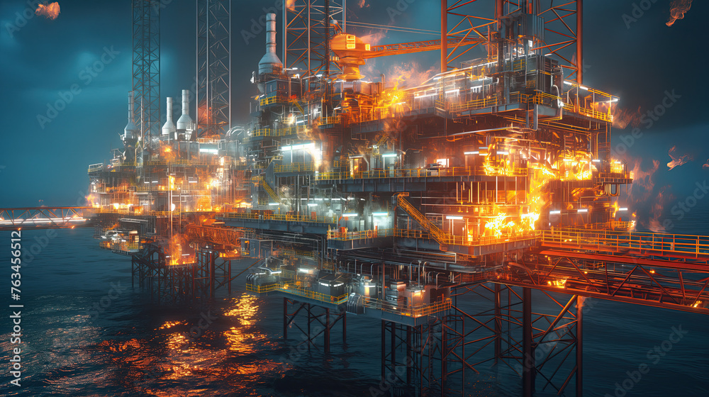 In a dramatic night scene, an offshore oil platform is alight with emergency response activities, emphasizing the importance of safety measures