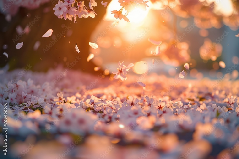 Blossoming cherry trees and their delicate petals scattered on the ground
